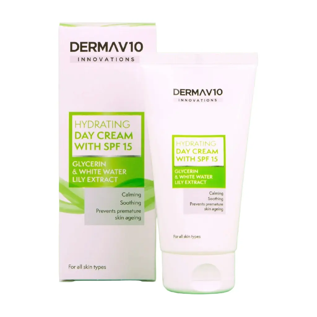 DERMAV10 - كريم نهاري مرطب بالجلسرين ومستخلص زنبق الماء الأبيض بعامل حماية من الشمس درجة 15 حجم 50 مل