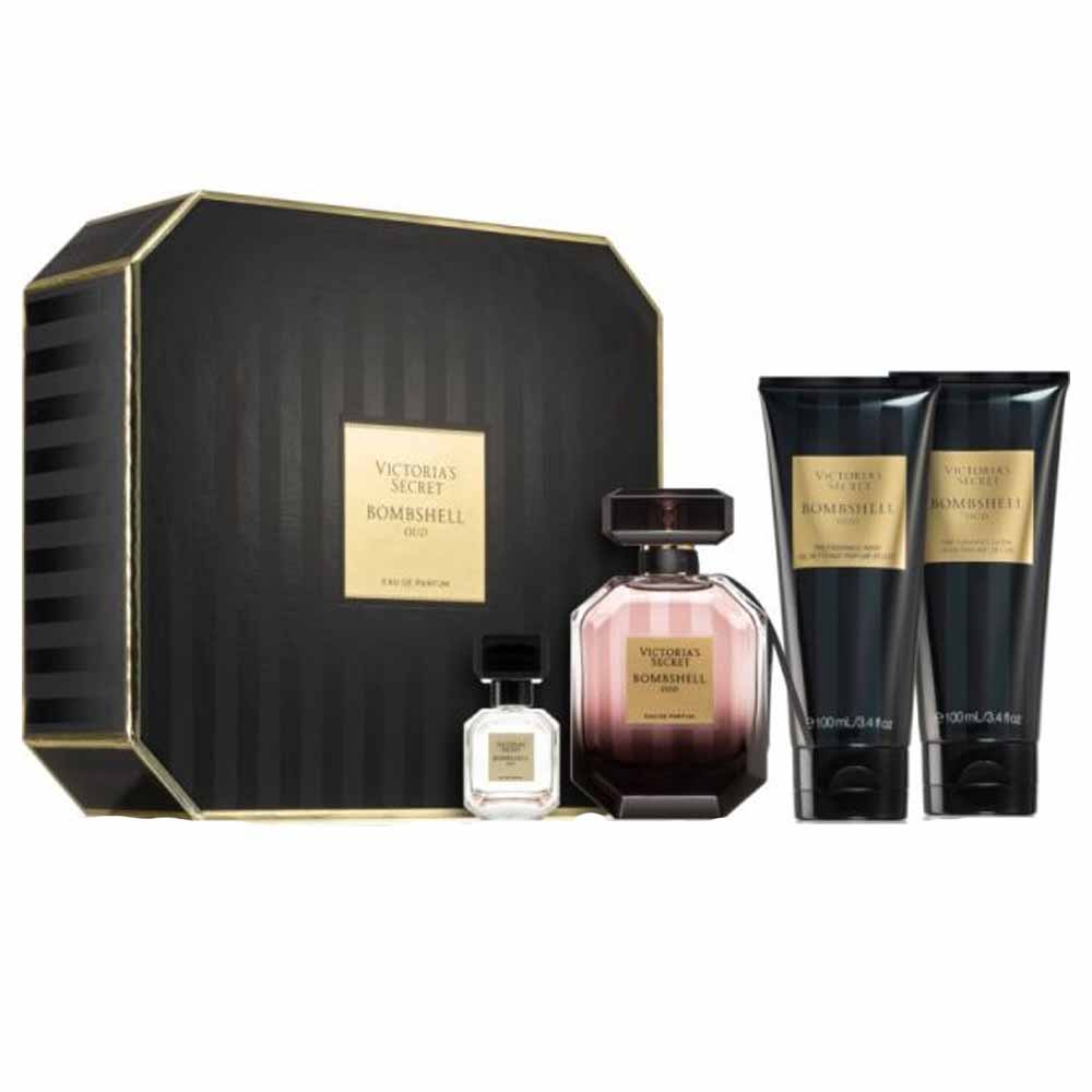 فيكتوريا سيكريت - طقم عطر بومب شيل عود او دي بي 50 مل + 7.5 مل + لوشن عطري 100 مل + جل غسول معطر 100 مل